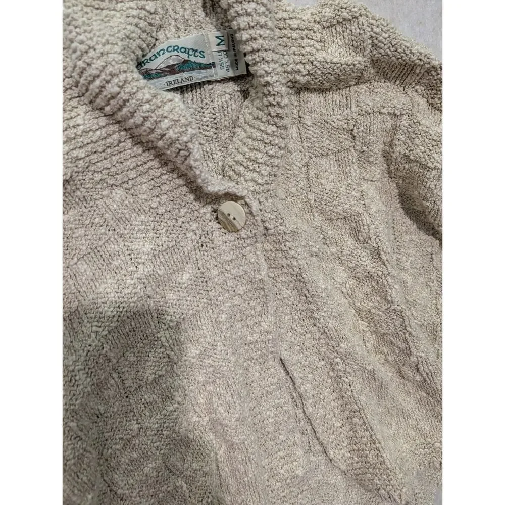 Aran Craft One Button Ivory Cardigan Linen Cotton Mix Made In Ireland Medium M - Picture 5 of 8